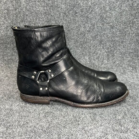 Frye Phillip Harness Boot Men's 11 Black Rustic Leather Motorcycle Biker Zip - Picture 1 of 16